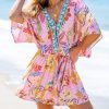 Women's Mini Dress V Neck Floral Half Dolman Sleeve Belted Loose Fit Short Summer Beach Dress