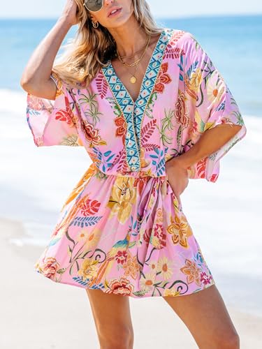 Women's Mini Dress V Neck Floral Half Dolman Sleeve Belted Loose Fit Short Summer Beach Dress