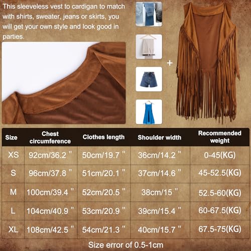 60s 70s Hippie Costume Set for Women, Bohemian Costume Accessories Set Fringe Vest Leopard Print Earrings Headband Heart