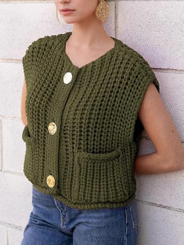 Women's Sleeveless Cropped Knit Cardigan 2025 Casual Button Down Crochet Sweater Vest Tops with Pockets