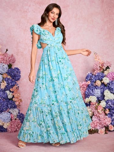 Women's Summer Floral Print Straps Sleeveless V Neck Criss Cross Backless Chiffon Beach Boho Party Long Maxi Dress