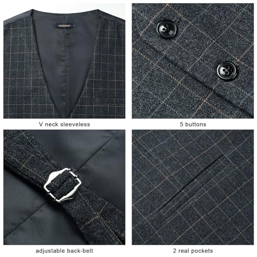 Men's Suit Vest Plaid Dress Vest for Men Slim Fit Formal Business Waistcoat Tuxedo V-Ncek Solid Vest for Wedding