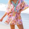 Women's Mini Dress V Neck Floral Half Dolman Sleeve Belted Loose Fit Short Summer Beach Dress