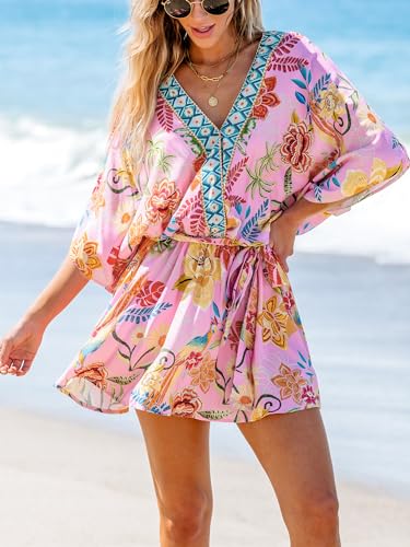 Women's Mini Dress V Neck Floral Half Dolman Sleeve Belted Loose Fit Short Summer Beach Dress