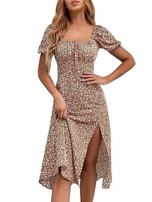 51e8wp4SwDL.jpg Women's Floral Summer Casual Dress Square Neck Puff Sleeve Boho Midi Dresses Ruched Bust High Waist Split Long Dress