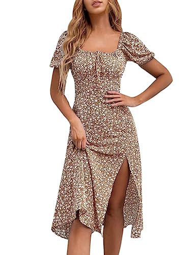 Women's Floral Summer Casual Dress Square Neck Puff Sleeve Boho Midi Dresses Ruched Bust High Waist Split Long Dress