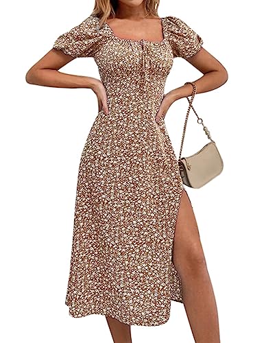 Women's Floral Summer Casual Dress Square Neck Puff Sleeve Boho Midi Dresses Ruched Bust High Waist Split Long Dress