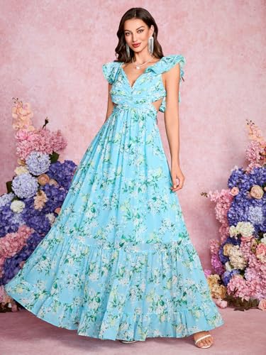 Women's Summer Floral Print Straps Sleeveless V Neck Criss Cross Backless Chiffon Beach Boho Party Long Maxi Dress