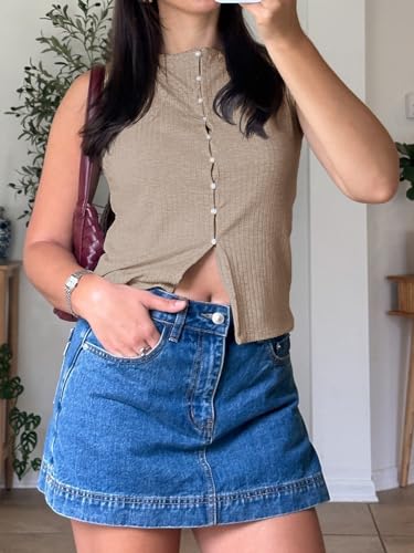 Womens Button Down Ribbed Tank Tops Cropped Cute Y2k Vest Tops 2025 Summer Going Out Outfits