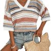 51hMZqFG1vL.jpg Womens Short Sleeve Crochet Knit Sweater Hollow Out Striped Tops Beach Vacation Cruise Outfits