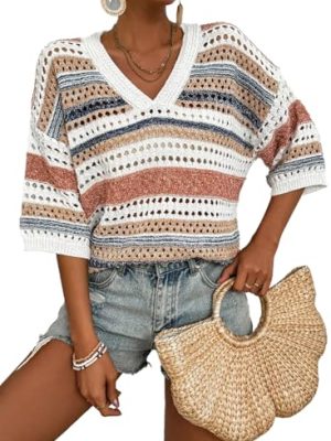 51hMZqFG1vL.jpg Womens Short Sleeve Crochet Knit Sweater Hollow Out Striped Tops Beach Vacation Cruise Outfits