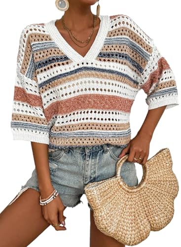 51hMZqFG1vL.jpg Womens Short Sleeve Crochet Knit Sweater Hollow Out Striped Tops Beach Vacation Cruise Outfits