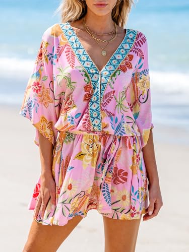 Women's Mini Dress V Neck Floral Half Dolman Sleeve Belted Loose Fit Short Summer Beach Dress