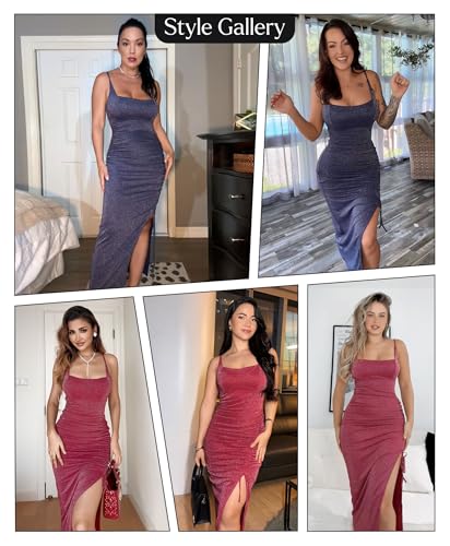 51hXIqMWnCL.jpg Sparkly Cocktail Dresses for Women Tummy Control Formal Shapewear Dress Square Neck Ruched Midi Dress Side Slit