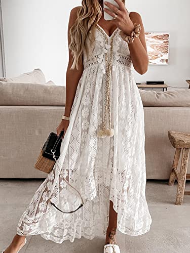 51hqLe5Y10L.jpg Women's Summer Dresses Sleeveless Lace Casual Tassel Beach Spaghetti Straps Flowy Maxi Sun Dress