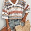 51iB6SHu8gL.jpg Womens Short Sleeve Crochet Knit Sweater Hollow Out Striped Tops Beach Vacation Cruise Outfits