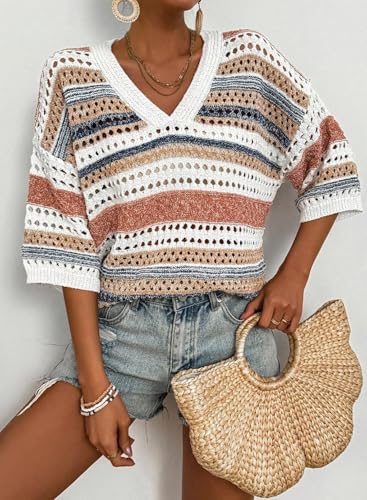 51iB6SHu8gL.jpg Womens Short Sleeve Crochet Knit Sweater Hollow Out Striped Tops Beach Vacation Cruise Outfits