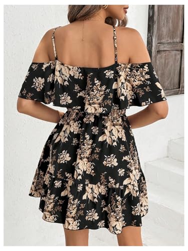 Women's Boho Floral Print Cold Shoulder Dress Short Sleeve Ruffle A Line Vacation Elegant Mini Dresses