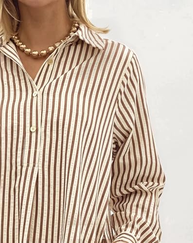 51ikeEyUP5L.jpg Womens Striped Shirt Mini Dress Long Sleeve Collared Ruffle Hem Button Up Tunic Flowy Swing Dresses