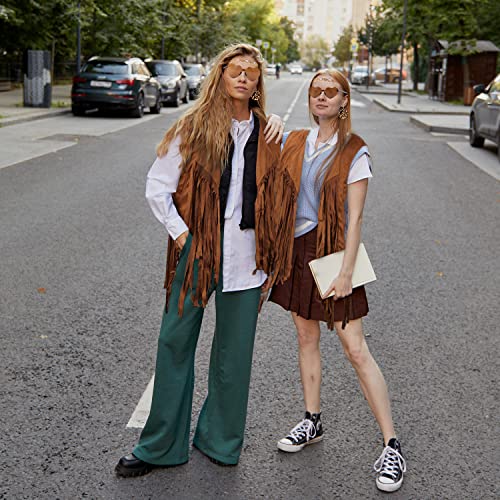 60s 70s Hippie Costume Set for Women, Bohemian Costume Accessories Set Fringe Vest Leopard Print Earrings Headband Heart