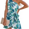 Women's One Shoulder Leaf Print Self-tie Short Dress Sleeveless Tiered Hem Formal Dress Casual Mini Dress