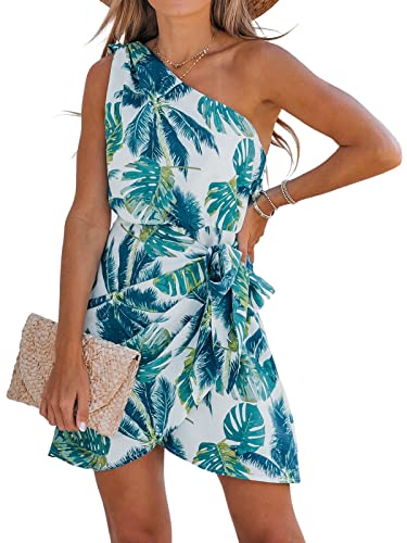 Women's One Shoulder Leaf Print Self-tie Short Dress Sleeveless Tiered Hem Formal Dress Casual Mini Dress