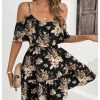Women's Boho Floral Print Cold Shoulder Dress Short Sleeve Ruffle A Line Vacation Elegant Mini Dresses