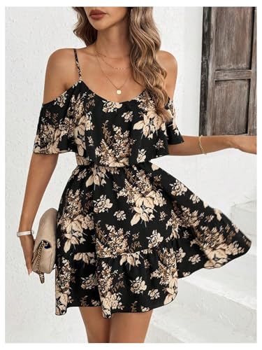 Women's Boho Floral Print Cold Shoulder Dress Short Sleeve Ruffle A Line Vacation Elegant Mini Dresses