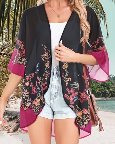 51jWf5Zh6KL.jpg Women Kimono Cardigans Casual Summer Tops Cover up Open Front Floral Print Resort Wear