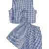 Women's Summer 2 Piece Outfits Plaid Print Sleeveless Tie Front Tank Top Vest Shorts Beach Vacation Set