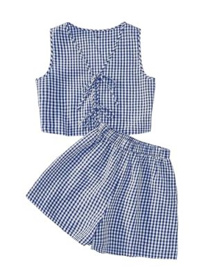 51kicO8v-JL.jpg Women's Summer 2 Piece Outfits Plaid Print Sleeveless Tie Front Tank Top Vest Shorts Beach Vacation Set