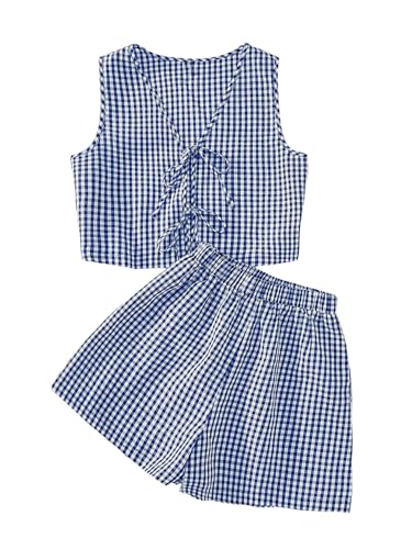 Women's Summer 2 Piece Outfits Plaid Print Sleeveless Tie Front Tank Top Vest Shorts Beach Vacation Set