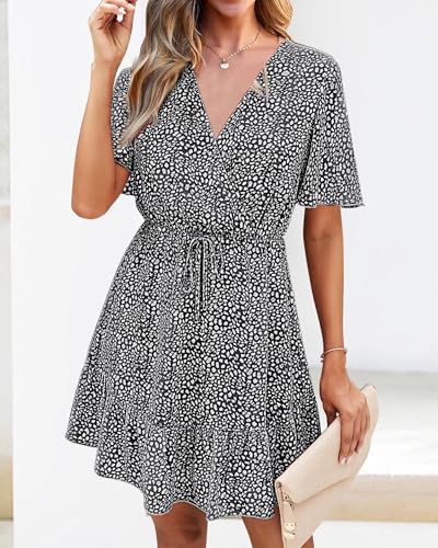 Women's Summer Dresses 2025 Casual Short Sleeve V Neck Ruffle Floral Print High Waist Flowy Mini Dress with Belt