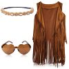 60s 70s Hippie Costume Set for Women, Bohemian Costume Accessories Set Fringe Vest Leopard Print Earrings Headband Heart