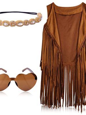 51mkt7H1nPL.jpg 60s 70s Hippie Costume Set for Women, Bohemian Costume Accessories Set Fringe Vest Leopard Print Earrings Headband Heart
