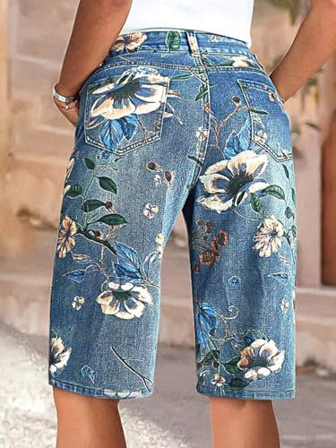 51mrzT2NV4L.jpg High Waisted Bermuda Shorts for Women Knee Length Floral Print Stretchy Summer Denim Shorts Trendy