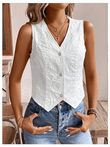 Women's Eyelet Embroidery V Neck Button Up Vest Boho Sleeveless Blouse Top