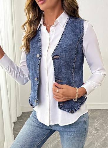 51oG0v6iFHL.jpg Women's Denim Vest Sleeveless V Neck Zimbaplatinum Jean Vest Top Button Down Crop Waistcoat Vest Summer Outfit