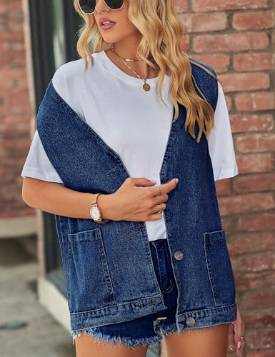 Women's Casual Denim Jean Vest Oversized Sleeveless Mid Long Button Down Jeans Jackets Vests Tops Waistcoat ?