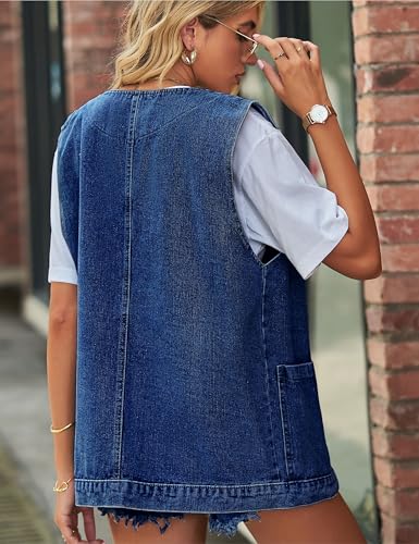 Women's Casual Denim Jean Vest Oversized Sleeveless Mid Long Button Down Jeans Jackets Vests Tops Waistcoat ?