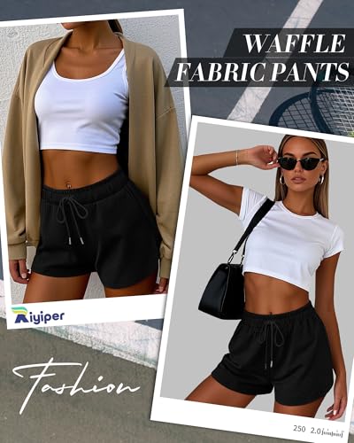 51qPRZpLb1L.jpg 3 Pack Women's Waffle Knit Shorts Cotton Drawstring Lounge Summer Comfy Casual Shorts with Pockets