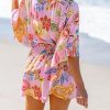 Women's Mini Dress V Neck Floral Half Dolman Sleeve Belted Loose Fit Short Summer Beach Dress