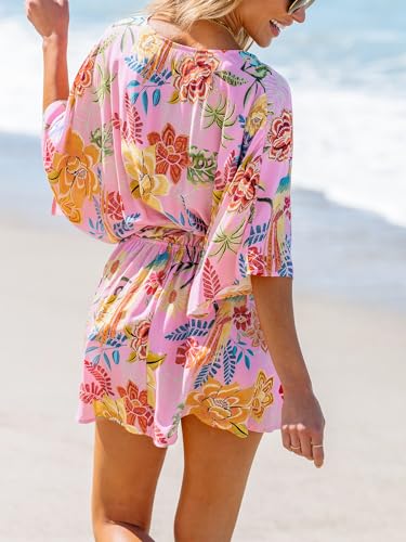 Women's Mini Dress V Neck Floral Half Dolman Sleeve Belted Loose Fit Short Summer Beach Dress