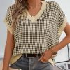 51rVqZunmTL.jpg Womens Casual Summer Tops V Neck Short Sleeve Plaid Knit Vest Loose Fit Pullover Sweaters Blouses