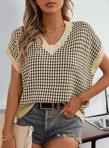 51rVqZunmTL.jpg Womens Casual Summer Tops V Neck Short Sleeve Plaid Knit Vest Loose Fit Pullover Sweaters Blouses