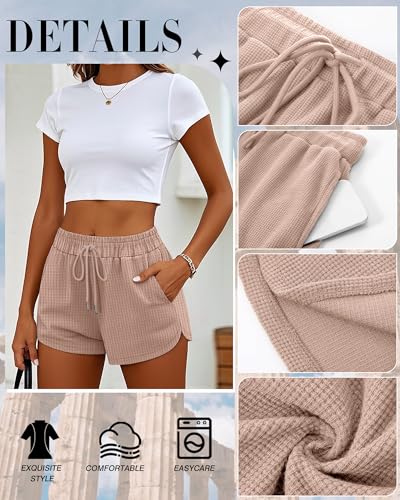 51rZojPtqjL.jpg 3 Pack Women's Waffle Knit Shorts Cotton Drawstring Lounge Summer Comfy Casual Shorts with Pockets