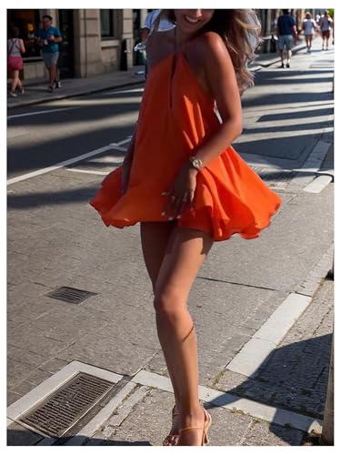 51rzurvs8vL.jpg Women's Halter Dress Tie Open Back Twist Sleeveless Flowy A Line Mini Dresses