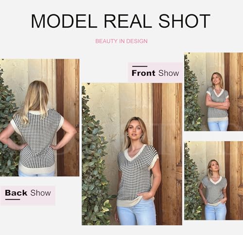 51smXc1X1FL.jpg Womens Casual Summer Tops V Neck Short Sleeve Plaid Knit Vest Loose Fit Pullover Sweaters Blouses