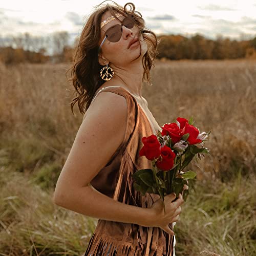 60s 70s Hippie Costume Set for Women, Bohemian Costume Accessories Set Fringe Vest Leopard Print Earrings Headband Heart