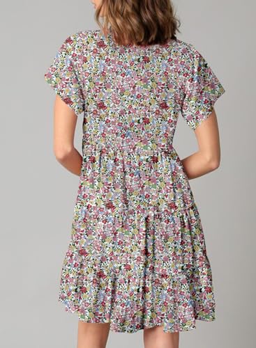 Womens Summer Casual Boho Floral Dresses V Neck Short Sleeve Sundresses Flowy Swing A-Line Mini Dress